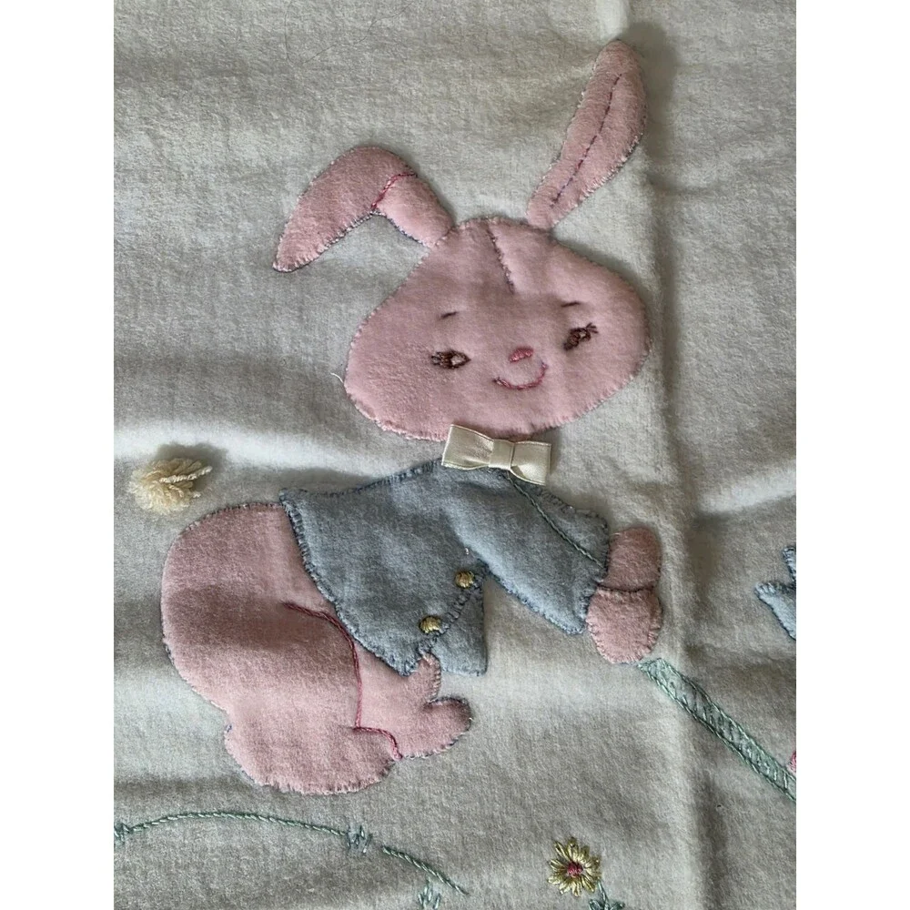 Vtg Hand Made Baby Blanket Bunny Rabbit Flower Satin Trim Applique Pink Blue